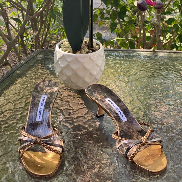 Manolo Blahnik Brown & Gold Strappy Kitten Heels - Picture 13 of 13